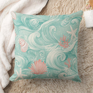 Seashells and Ocean Waves Pattern (3) Cushion