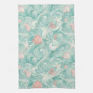 Seashells and Ocean Waves Pattern (3) Tea Towel