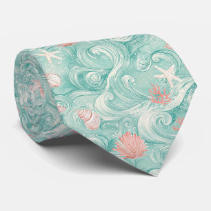 Seashells and Ocean Waves Pattern (3) Tie