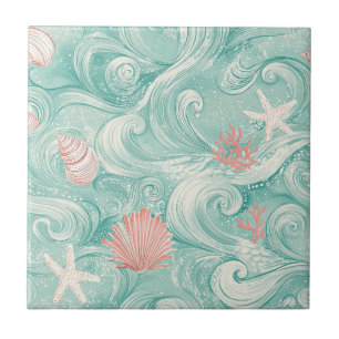 Seashells and Ocean Waves Pattern (3) Tile
