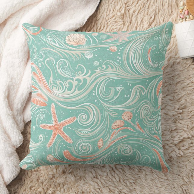 Seashells and Ocean Waves Pattern (4) Cushion (Blanket)