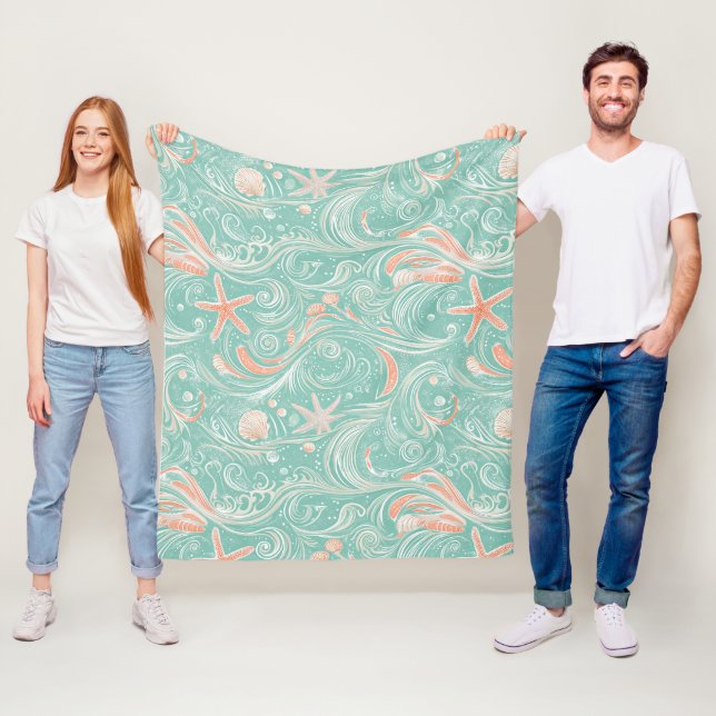 Seashells and Ocean Waves Pattern (4) Fleece Blanket (In Situ)