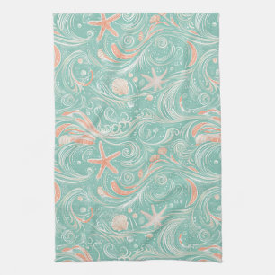 Seashells and Ocean Waves Pattern (4) Tea Towel