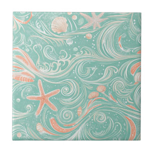 Seashells and Ocean Waves Pattern (4) Tile