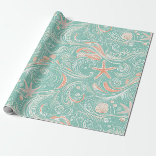 Seashells and Ocean Waves Pattern (4) Wrapping Paper