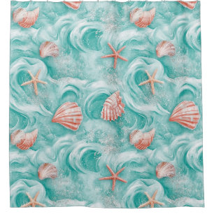Seashells and Ocean Waves Pattern (5) Shower Curtain