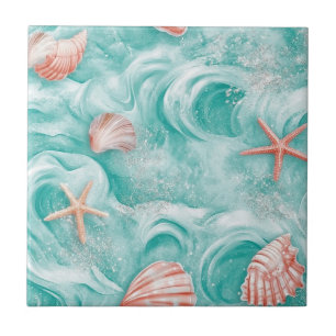 Seashells and Ocean Waves Pattern (5) Tile