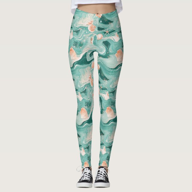 Seashells and Ocean Waves Pattern (6) Leggings (Front)