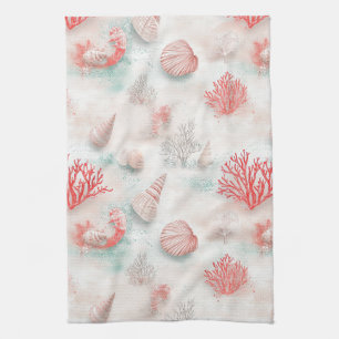 Seashells and Ocean Waves Pattern (7) Tea Towel