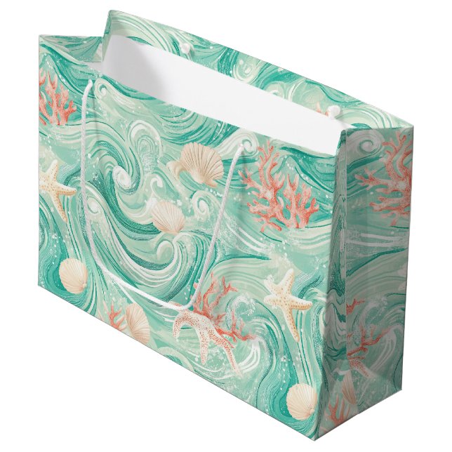 Seashells and Ocean Waves Pattern (8) Large Gift Bag (Front Angled)