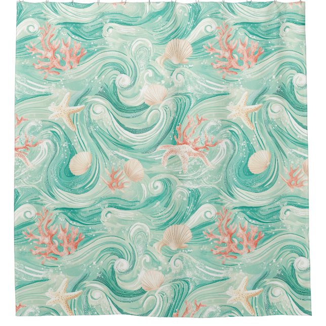 Seashells and Ocean Waves Pattern (8) Shower Curtain (Front)