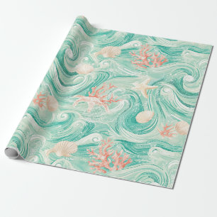 Seashells and Ocean Waves Pattern (8) Wrapping Paper