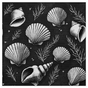 Seashells and Seaweed in Black and White Fabric