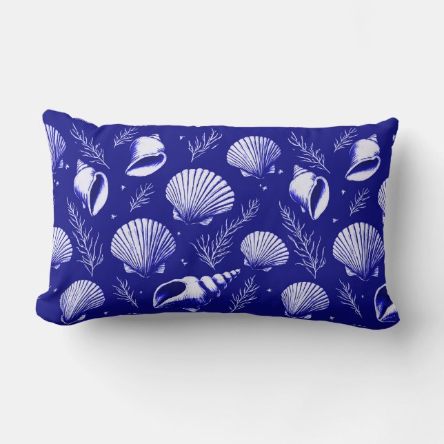 Seashells and Seaweed in Navy Blue and White  Lumbar Cushion (Front)