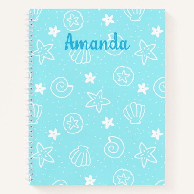 Seashells and Starfish Light Blue Pattern Notebook (Front)