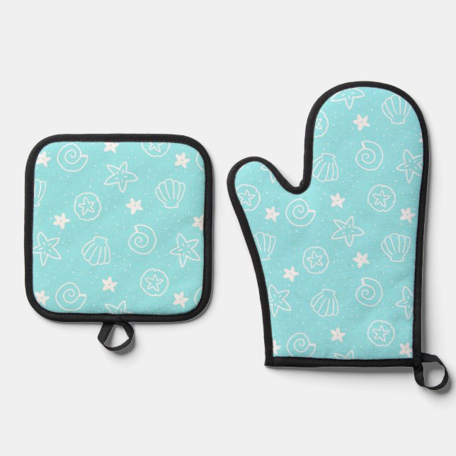 Seashells and Starfish Light Blue Pattern Oven Mitt & Pot Holder Set (Front)