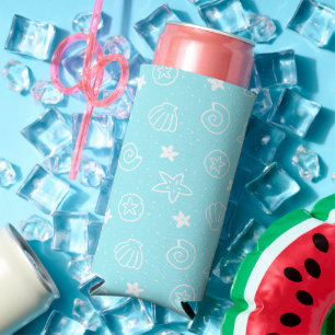Seashells and Starfish Light Blue Pattern Seltzer Can Cooler