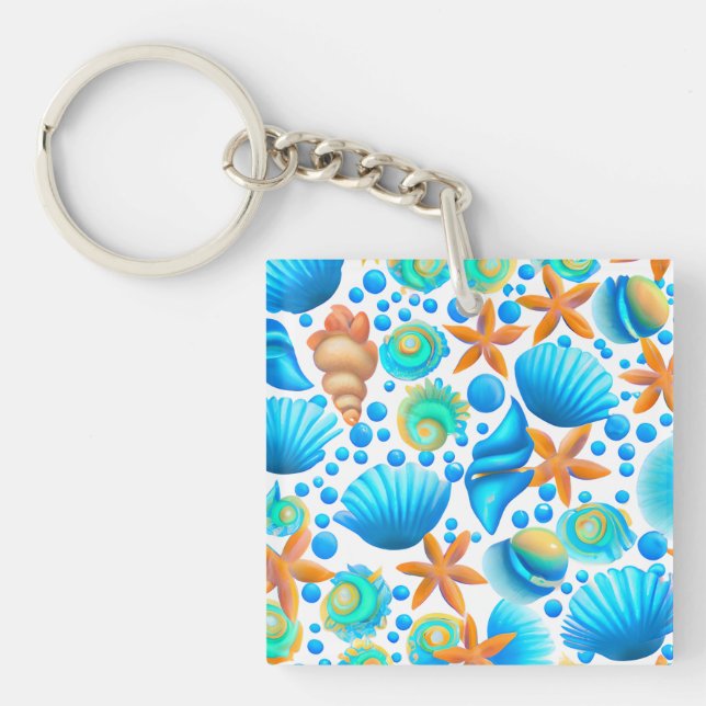 Seashells and Starfish Ocean Pattern  Key Ring (Front)