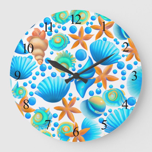 Seashells and Starfish Ocean Pattern  Large Clock (Front)