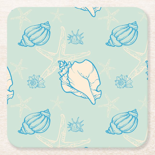 Seashells and starfish square paper coaster (Front)