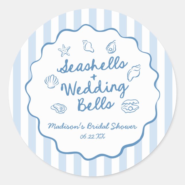 Seashells and Wedding Bells Coastal Bridal Shower Classic Round Sticker (Front)