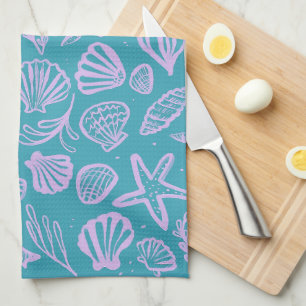 Seashells Aqua Lavender Pattern Beach Shells Chic  Tea Towel