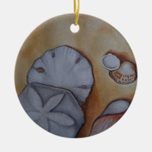 Seashells at the Seashore Watercolor Painting Ceramic Tree Decoration