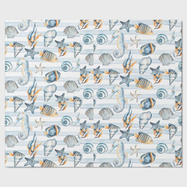 Seashells Beach Ocean Sea Water Pattern Art Wrapping Paper (Seam)