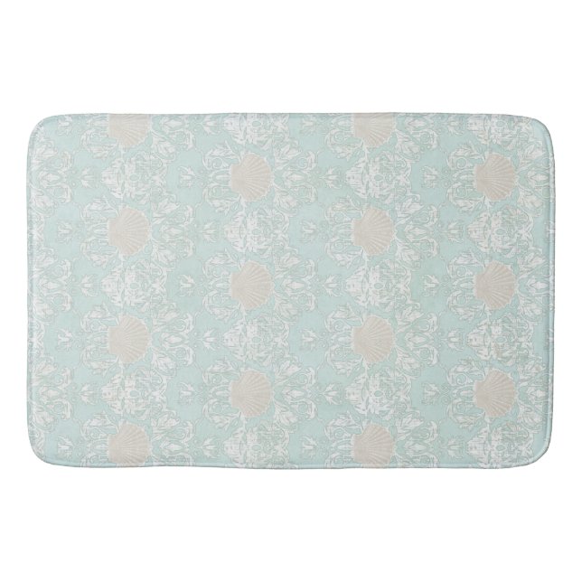 Seashells Beach Seaside Blue White Damask Pattern Bath Mat (Front)