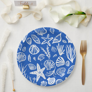 Seashells Beach Wedding Blue White Cute Seaside  Paper Plate