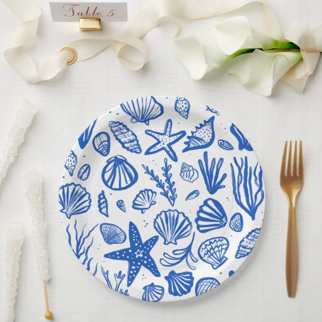 Seashells Beach Wedding Blue White Cute Seaside  Paper Plate (Wedding)