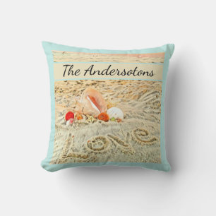 Seashells Beach wedding watercolor coral teal blue Cushion