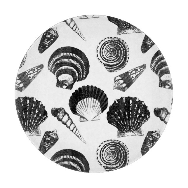 Seashells - black and white on a white background cutting board (Front)