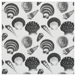 Seashells - black and white on a white background fabric