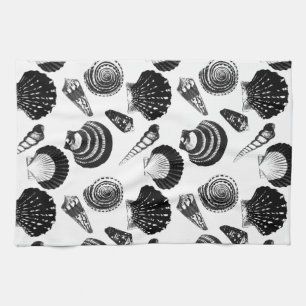 Seashells - black and white on a white background tea towel