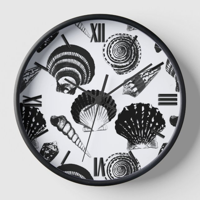 Seashells - black and white on a white background wall clock (Front)