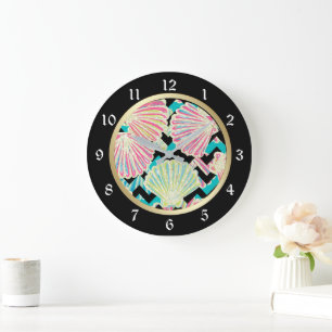 Seashells Black Chevron Large Clock