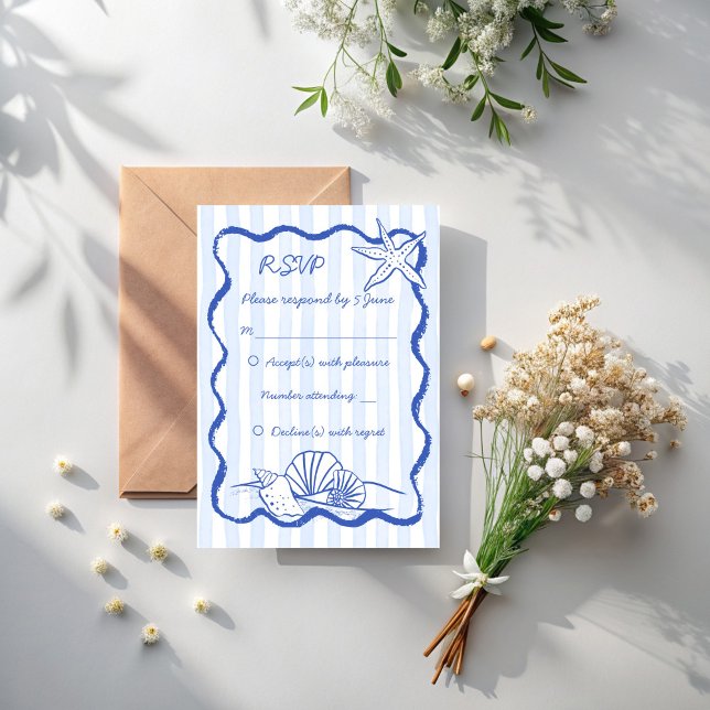 Seashells blue handrawn wavy border beach wedding RSVP card (Seashells blue handrawn wavy border beach wedding RSVP cards beach wedding invitation suite)
