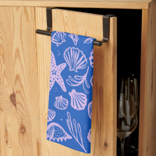 Seashells Blue Lavender Pattern Beach Shells Chic Tea Towel