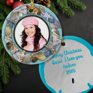 Seashells, Blue Photo Frame Christmas Ornament