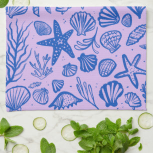 Seashells Blue & Purple Pattern Beach Shells Chic Tea Towel