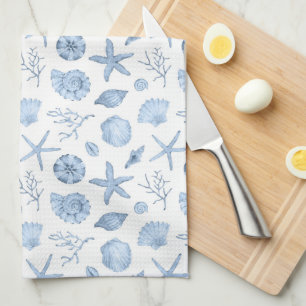 Seashells Blue Watercolor Seashore Party Tea Towel