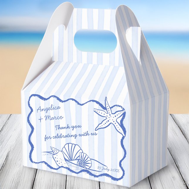 Seashells blue wavy border beach wedding favours favour box (Seashells handrawn blue wavy border beach wedding favors personalized favor boxes)