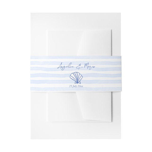 Seashells blue wavy border beach wedding invitation belly band (Front Example)