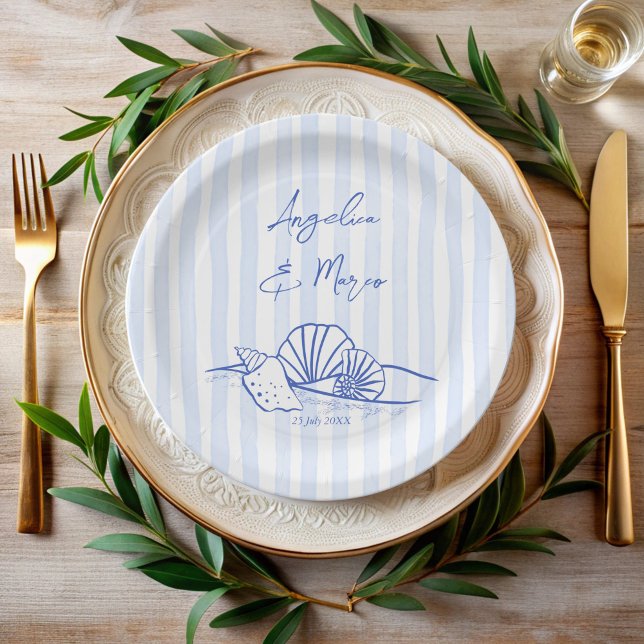 Seashells blue wavy border beach wedding monogram paper plate (Seashells handrawn blue wavy border beach wedding monogrammed paper plates personalized table decor)