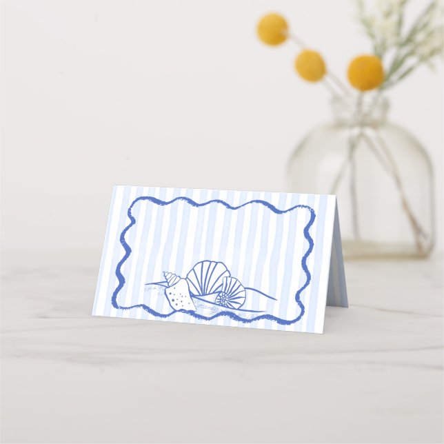 Seashells blue wavy border beach wedding place card (Front)