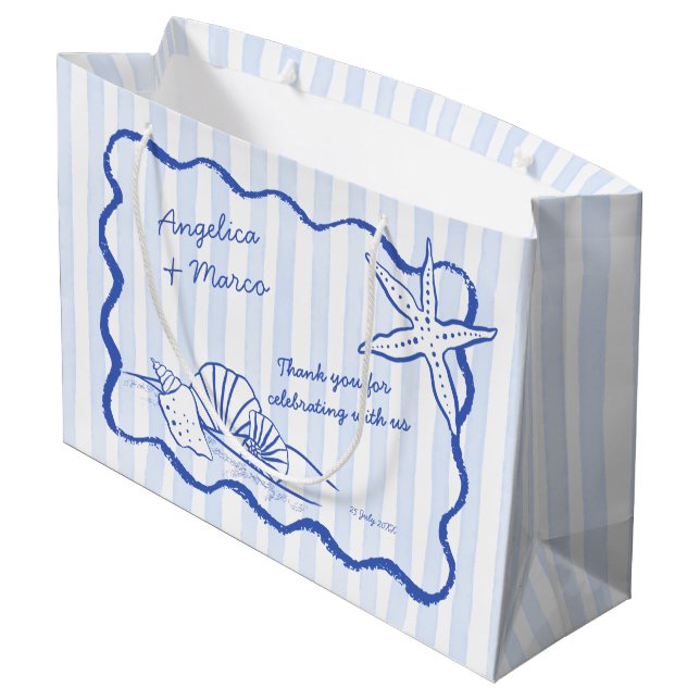 Seashells blue wavy border beach wedding welcome large gift bag (Back Angled)