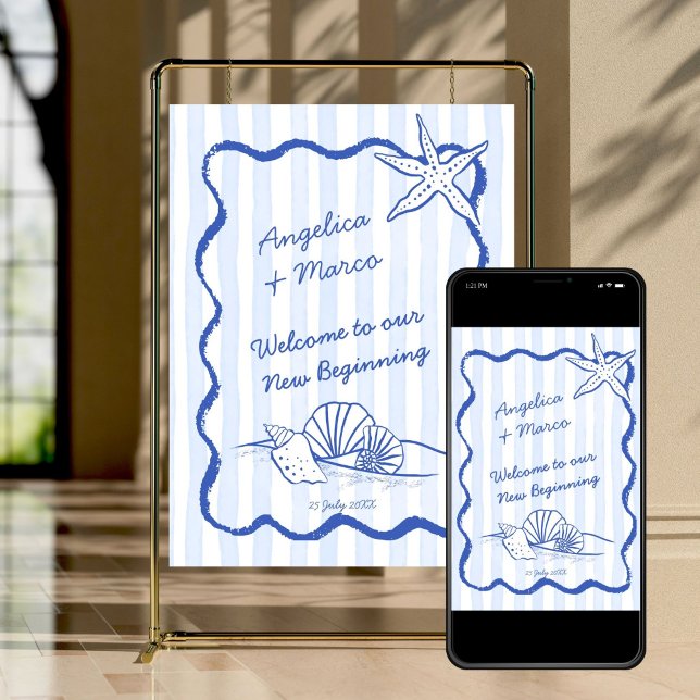 Seashells blue wavy border beach wedding welcome poster (Seashells handrawn blue wavy border beach wedding welcome poster template instant download)