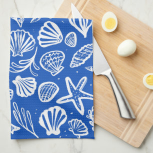 Seashells Blue & White Pattern Beach Shells Chic  Tea Towel