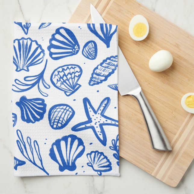 Seashells Blue & White Pattern Beach Shells Chic  Tea Towel (Quarter Fold)